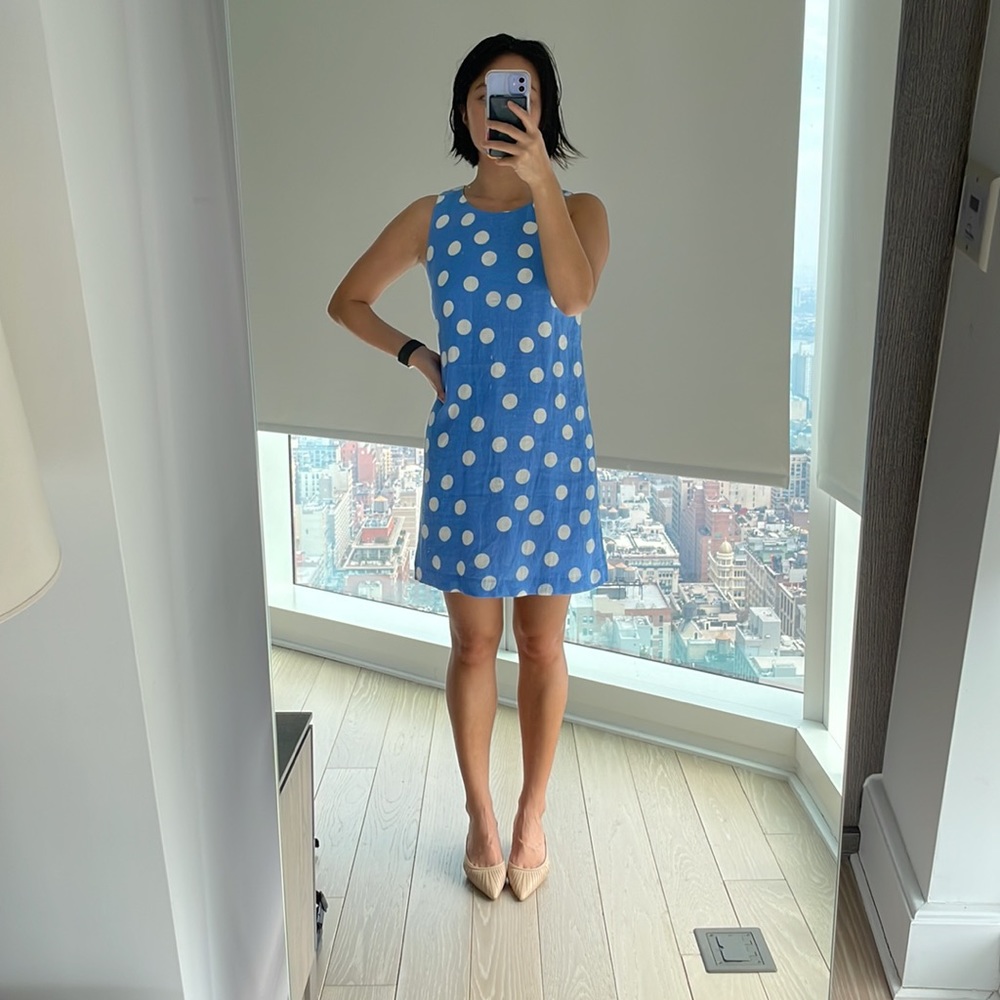 Island Company boutique blue and white polka dot linen dress in size S